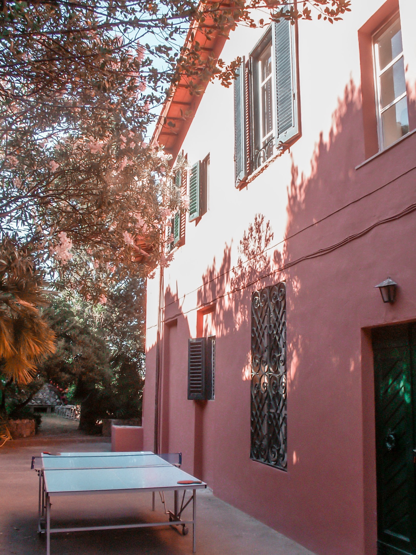 The side of the villa, with the ping-pong table under the trees